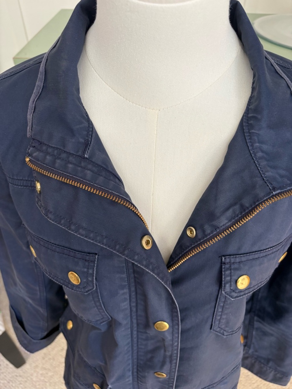 J Crew Navy Blue Utility/Field Jacket in Waxed Cotton w Distinctive Gold Snaps M - Picture 6 of 15